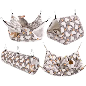 MCEAST 4 Pieces Small Pets Cage Accessories Hanging Hammock Sleeping Bag Tunnel and Bed Hideout Set Warm Sleep Nap Sack Bed for Hamster Ferret Squirrel Rabbit, Coffee Hearts
