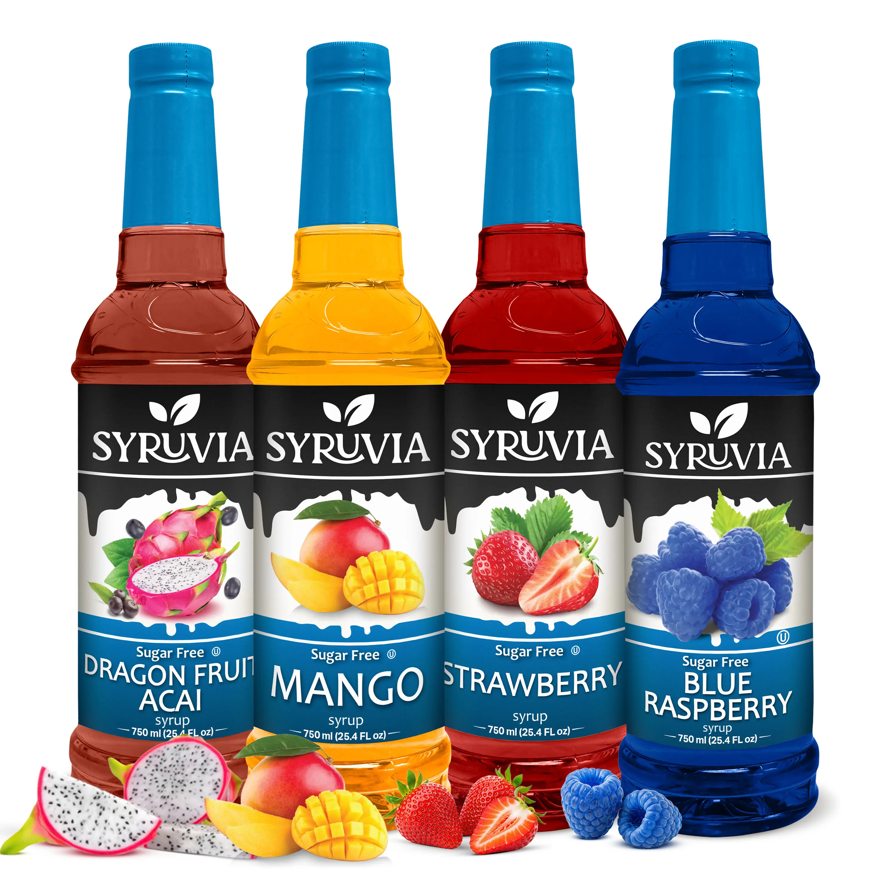 Syruvia Sugar Free Fruit Syrup Variety Pack – Dragon Fruit, Mango, Strawberry & Blue Raspberry – Gluten-Free, Kosher, 25.4 fl oz Bottles – Great for Sodas, Mocktails, Lemonades & Refreshing Beverages (4-Pack)