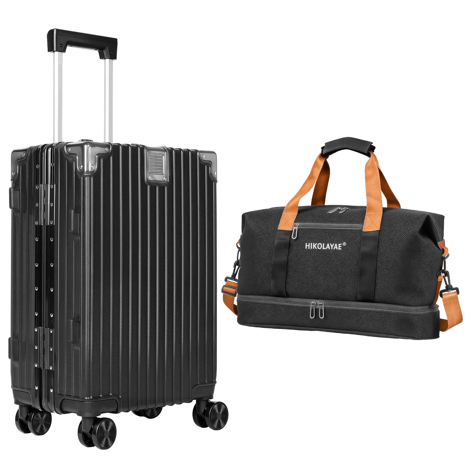 Black 2-Piece Luggage Set - 20in ABS Hard Shell Suitcase with Aluminum Frame + Travel Duffel Bag, Lightweight Airline Approved Carry-On with Spinner Wheels & TSA Lock, 2-Piece Set for Business Trips & Travel Storage, Two Piece Set