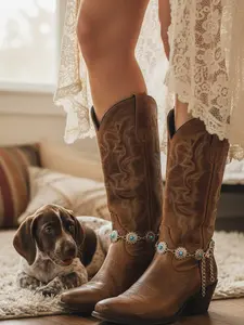 BC98 Women's Silver Metal Chain Boot Bracelet Set with Turquoise Blue Flower Charms Western Rodeo Line Dancing Nashville Festival Fashion Bling Boot Strap Anklet 2PCS