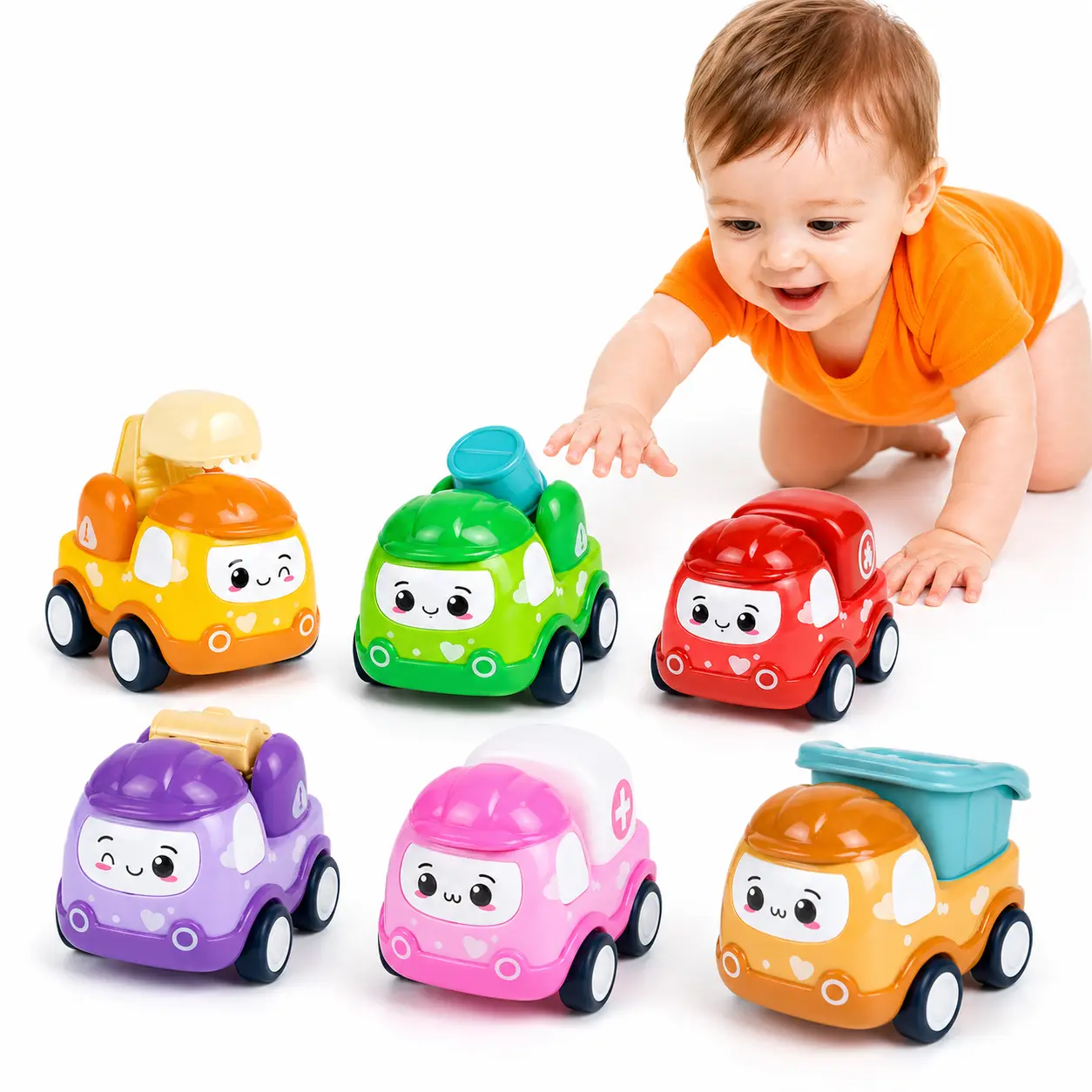 6PCS Micro-Scale Realistic Pull-Back Toy Cars Set, ABS Plastic Friction-Powered Push-Powered Mini Vehicles, Cute Faces Early Learning Toy for 4-6 Years Toddlers, Ideal for International Children's Day