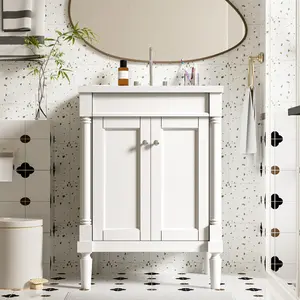 24*18.1*33.7 Inch Modern Bathroom Vanity with Ceramic Sink, MDF & Pine Wood Frame 2-Door Storage Cabinet, Soft-Closing Hinges 300 LBS Capacity Undermount Vanity Unit for Bathroom