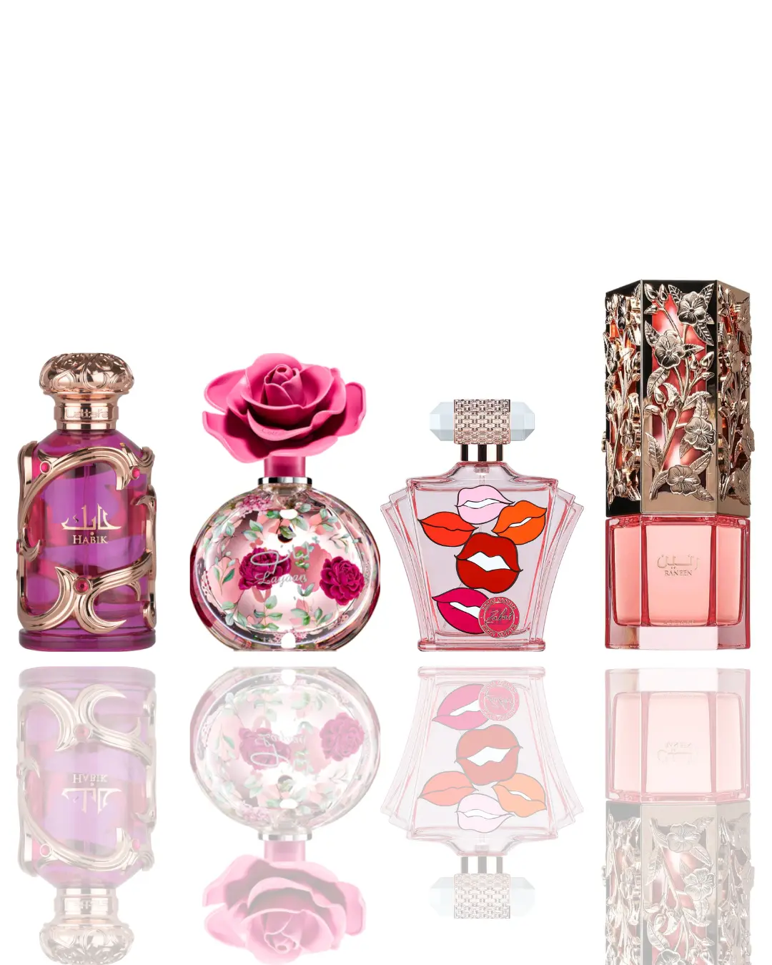 Lattafa Women's 4-Piece EDP Intense Fragrance Gift Set - 4 Scents (Layaan, Zakat Z19, Habik, Raneen Fresh), Elegant Fruity Fresh-Sweet Amber Spice Notes, Packaged Bundle Daily Wear Women's Perfume, Fruity Women's Fragrance
