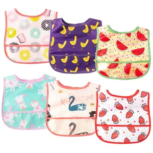 F-CGS01  6Pcs Baby Feeding Bibs with Crumb Catcher Pocket Adjustable Waterproof Sleeveless Teething Bib Set Toddler Infant Keepsake Gift for Baby Shower, 6-24 Months