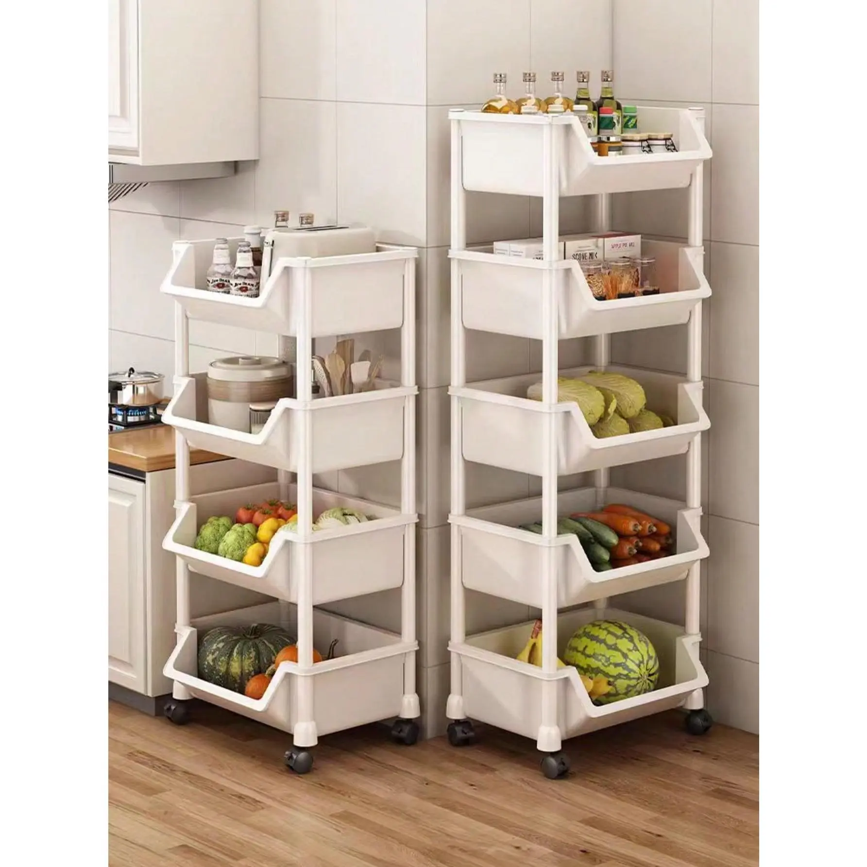 Adjustable 5-Tier Rolling Storage Car, Multi-Purpose Storage Cart With Wheels, For Kitchen, Bathroom, Bedroom, Office, Laboratory, Garage - White Plastic, Freestanding Design With Multiple Shelves And Storage Options, Multi-Purpose Rolling Storage Car