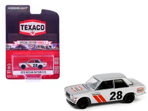 1970 Nissan Datsun 510 #28 Silver Metallic and White with Red "Texaco Special Edition" 1/64 Die Cast Model Car by Greenlight