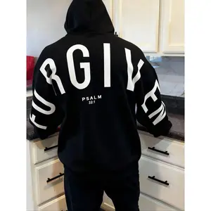 1 Pc Men's Minimalist Faith-Based Hoodie, Bold "FORGIVEN" Text Design with Scriptural Reference, Soft Breathable  for Casual Wear and Spiritual Gatherings, Perfect for Young Christians