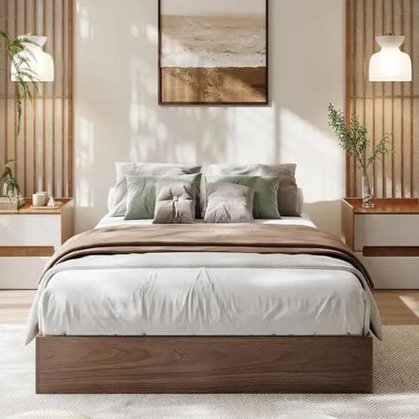 GARVEE Twin XL Noise-Free Floor Bed with Sturdy Slats, Walnut Wood Frame, Modern Minimalist Design, No Headboard, No Box Spring Needed
