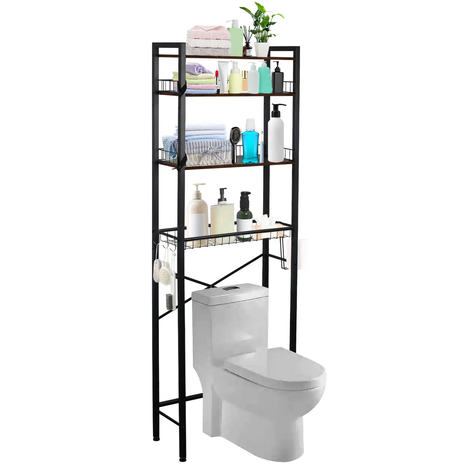 Over The Toilet Storage Rack, 4 Tier Freestanding Space Saver Bathroom Shelf, Adjustable Bathroom Stand Organizer with Paper Holder and 3 Removable Hooks