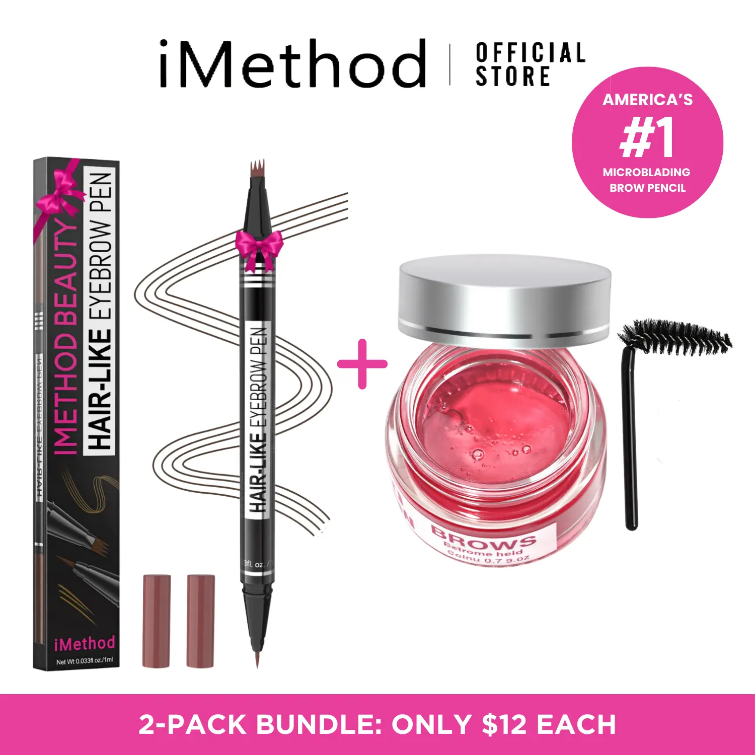 【NEW】iMethod Pink Brow Gel & Hair-like Eyebrow Pen - Microblading Brow Pencil with Micro-Fork-Tip Applicator, Waterproof, Sweat-Proof Brow Gel, Cosmetic