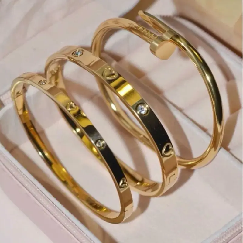 Heart Shape Unisex Bangle Set, 3Pcs 304 Stainless Steel Bracelet with 18K Gold Plated Coating and Zircon Inlay