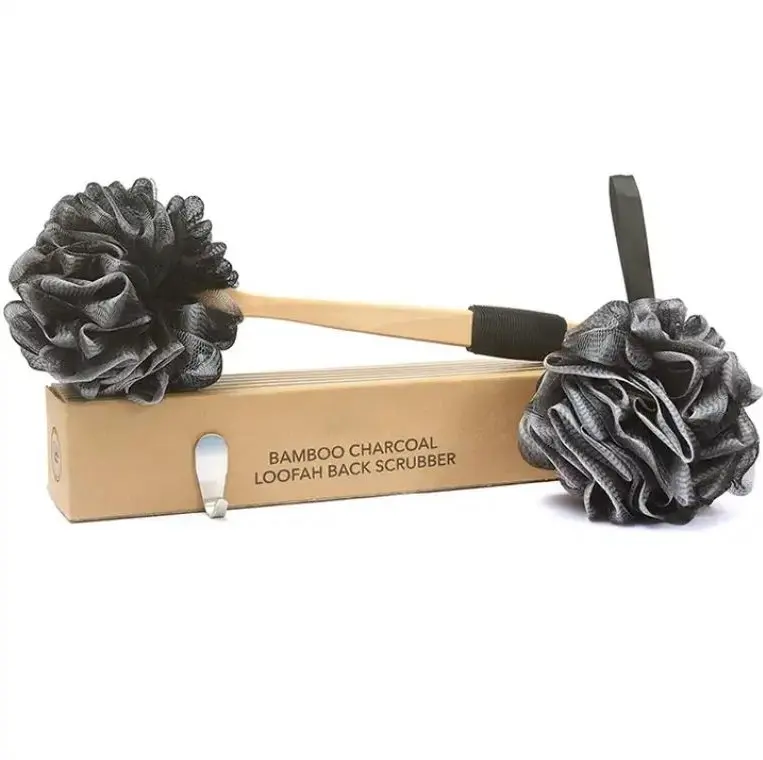MZA Body Store - Premium 3-Piece Bamboo Charcoal Fiber Infused Bath Set: Long Handled Shower Sponge, Bath & Shower Luffa Pouf Poof, and Convenient Hanging Hook - Exfoliation & Cleansing