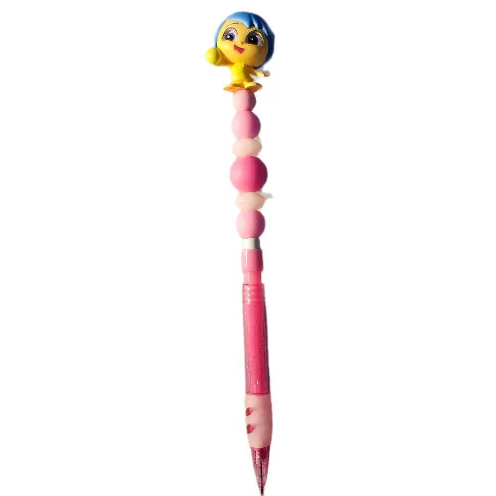 Cut Pencil with Refillable LED Featuring a Cute Yellow Character on Top Pink Body and Beads
