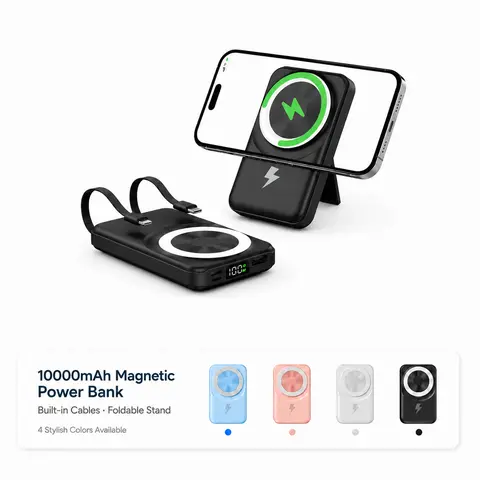 ARTCYBER 10000mAh Durable Magnetic Power Bank Charger - Foldable EDC Gear, Hidden Stand, Built-In Cables, Dual Ports, USB-Compatible, 22.5W Wired/15W Wireless Fast Charging, LED Display, Charges 5 Mobile Devices/Smartphones at Once for iOS/Android