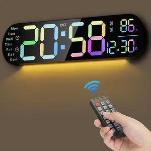 Sailstar Large Digital Wall Clock with Remote 13.7" Display LED Alarm Clock Time Date Temp Week Countdown 12/24H Adjustable Brightness RGB Night Light for Living Room Decor 9 Dynamic Colors