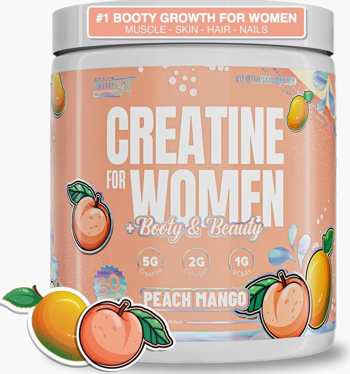 Nutrex Research Creatine for Women Booty & Beauty – Peach Manago | 5g Creatine, 2g Collagen, BCAAs & Hyaluronic Acid for Glutes, Strength & Skin | Gluten Free, 30 Servings
