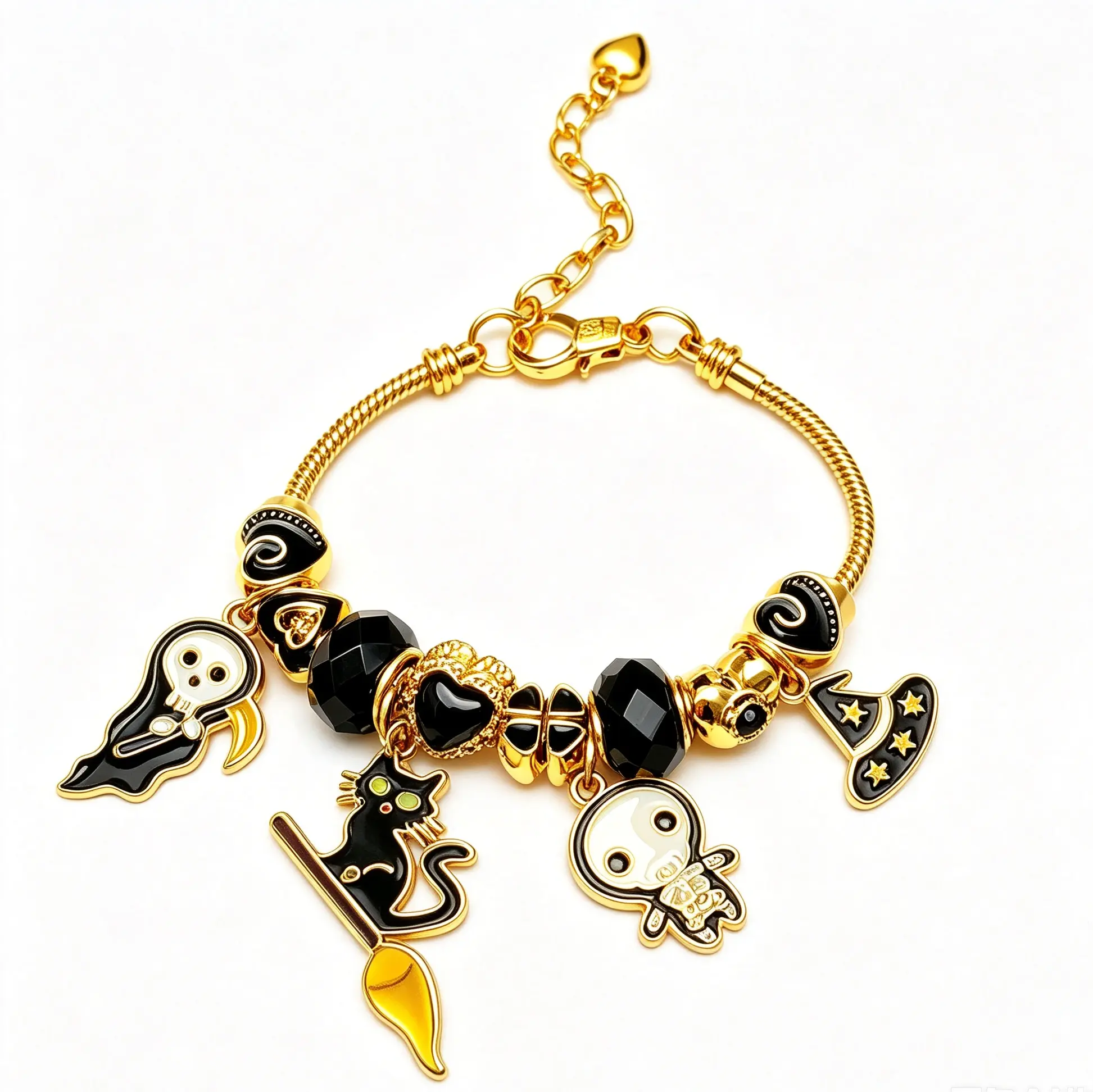 Halloween Black Cat Witch Charm Bracelet, Gold Plated Adjustable Snake Chain Bangle with Grim Reaper Ghost Witch Hat Black Crystal Beads, Gothic Holiday Jewelry Gift for Women Teen Girls