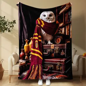 Harry Potter Gryffindor Theme Soft Flannel Blanket, Owl Print Scarf, Comfortable Warm Multi-Purpose Throw Animal Blankets for Sofa Bed Car Room Office Camping