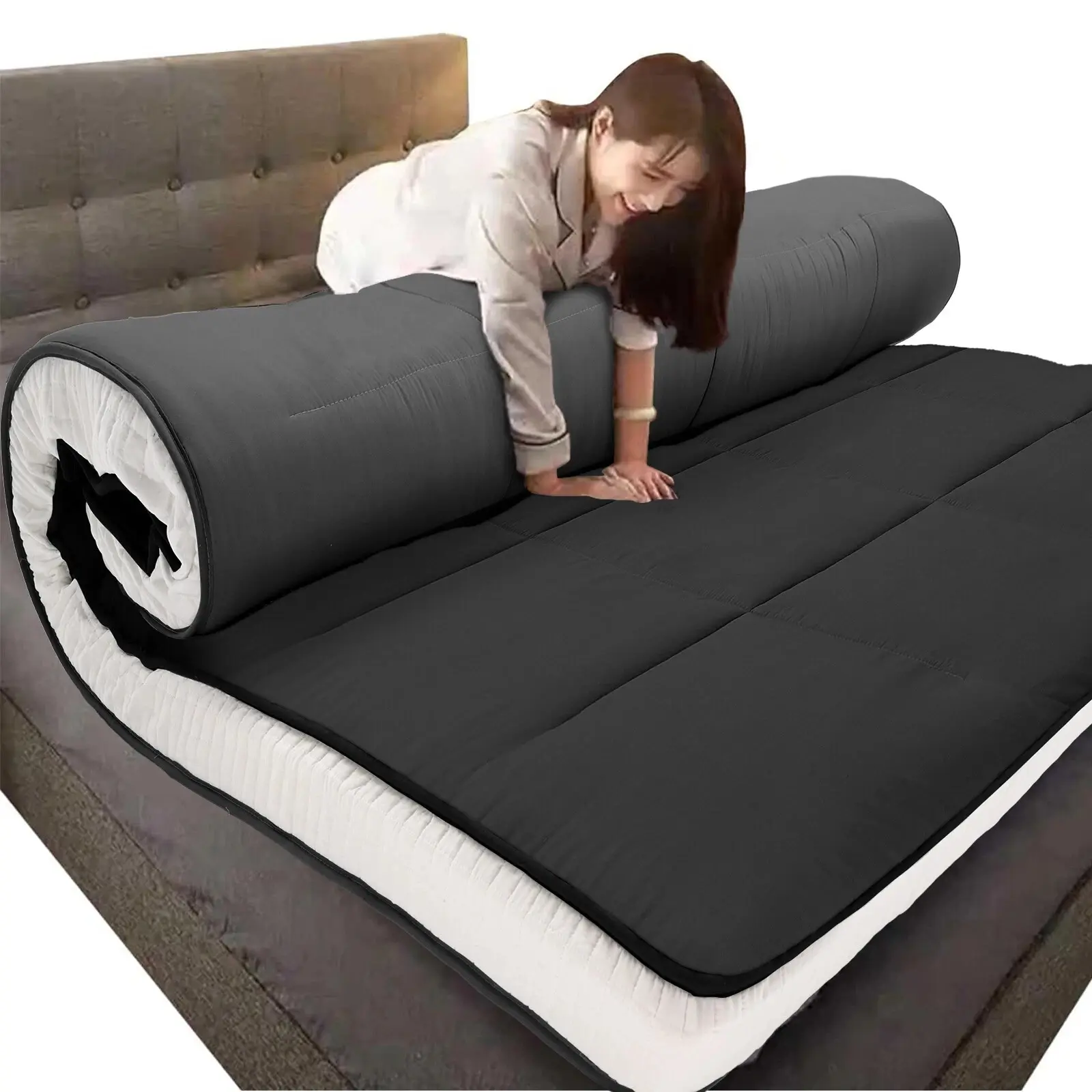 Extra Thick Japanese Foam Floor Sleeping Mattress - Foldable Roll-Up Futon Tatami Mat, 5-Layer Breathable Structure, Durable, 39" Wide x 80" Long Queen Size Mattress for Travel, Queen Size Mattresses Plush Topper Cooling