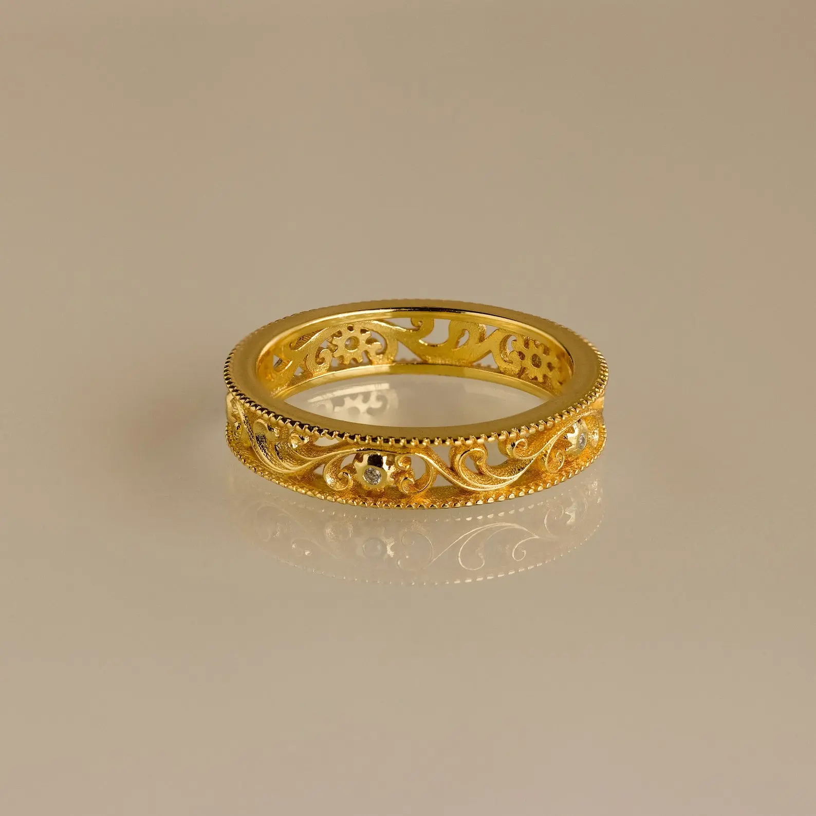 Filigree Flower Ring by Caitlyn Minimalist - Vintage Style Floral Diamond Stacking Ring - 18K Gold Plated Wedding Band - Art Deco Jewelry - Gift for Her