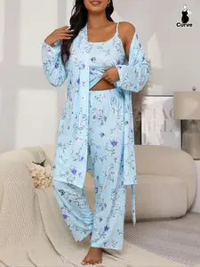 【Plus Size】 Floral Print Lounge Robe & Cami Top & Pants Pyjama Set, Casual Comfy Loungewear Set for Women, Women's Sleepwear for Spring & Fall, Soft Pajamas