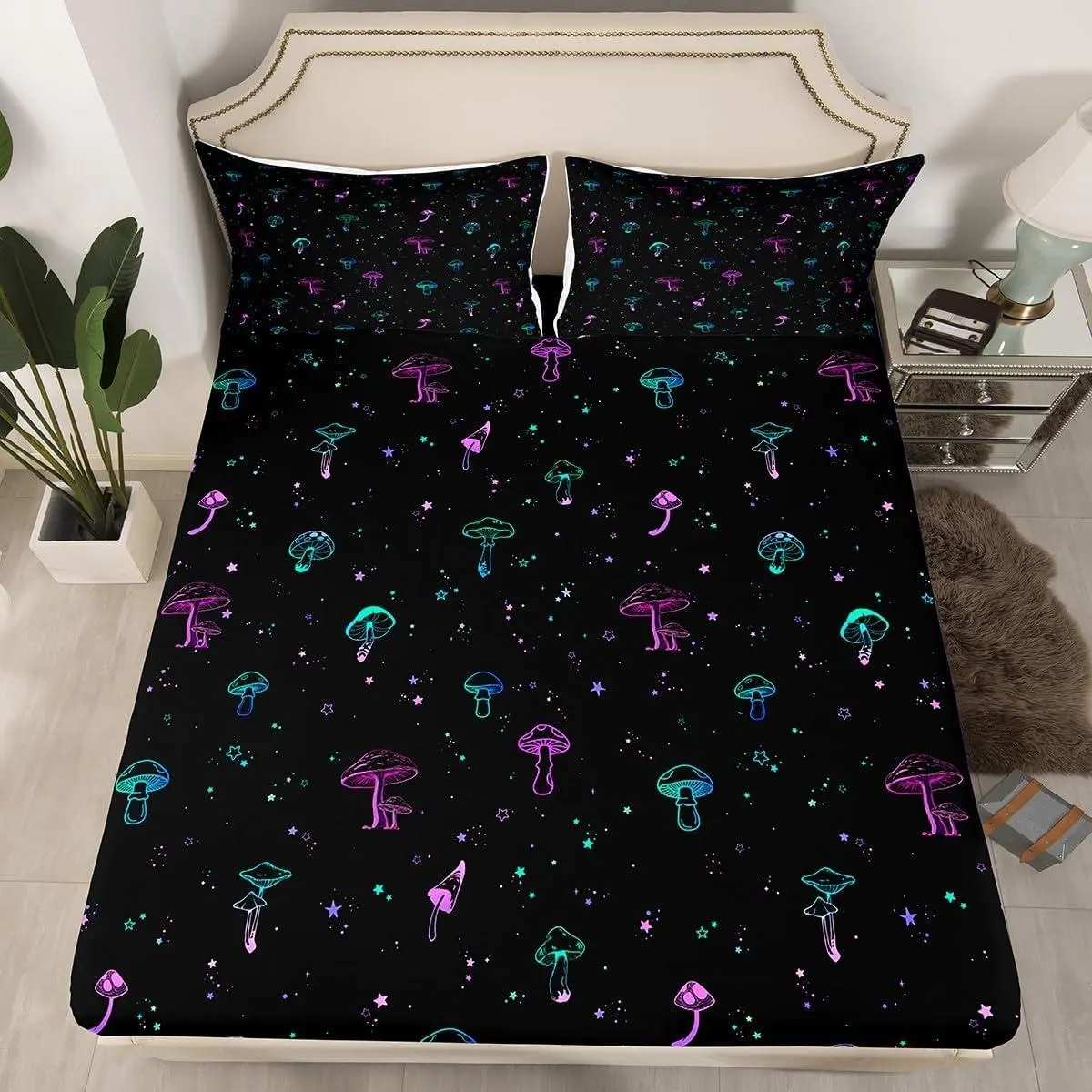 Neon Mushroom Fitted Sheet,Colorful Mushroom Bedding Set for Kids Girls Teens Room Decor Glowing Starry Galaxy Bed Sheet Tripppy Botanical Deep Pocket Sheet Black