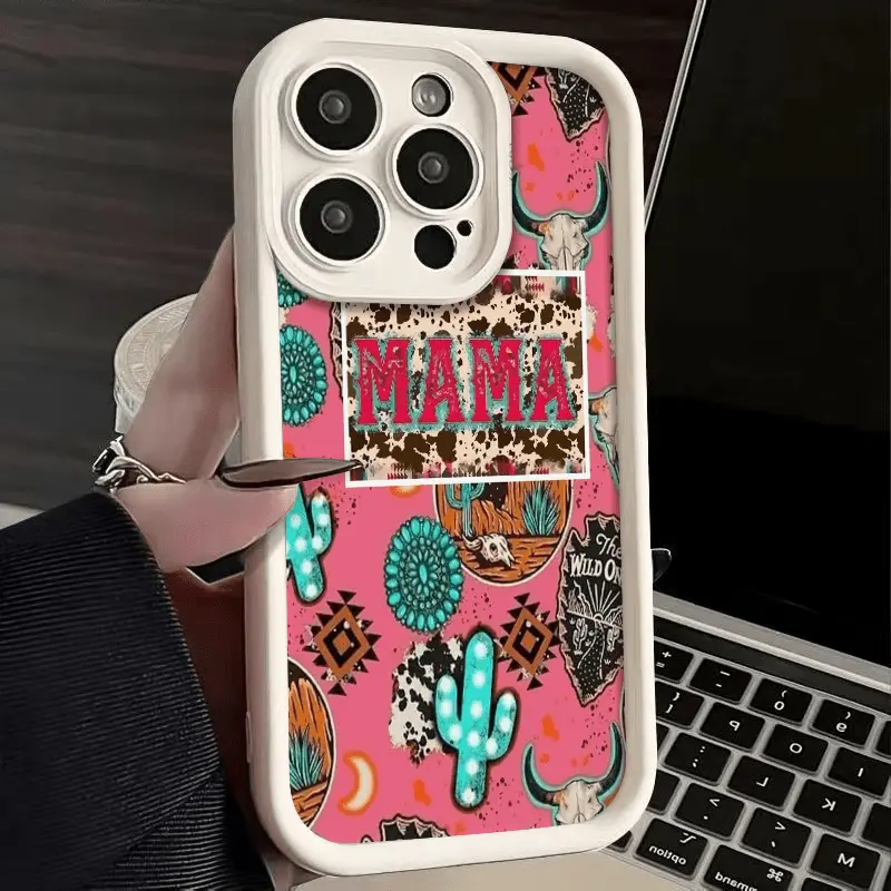 Pink Western 'MAMA' Bold Pattern Cowgirl Smartphone Case - Bohemian Aesthetic, Shockproof Soft TPU Protect Cover, Phone Accessories for Various iPhones (17,17E,16,16E,15,14,13,13 Mini,12,12 Mini,11,X,XS,XS Max), Ideal Holiday Gift, All Iphone Sizes