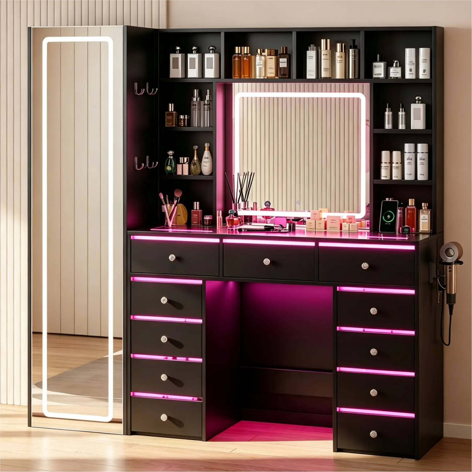 White Transparent Top RGB Drawer Vanity Desk Makeup Storage Station Multi-Shelf Beauty Organizer Bedroom Dorm Functional Makeup Furniture Home Decor Charging Vanity Setup