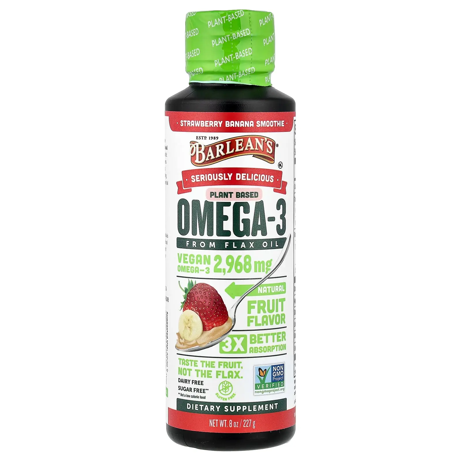 Barlean's Seriously Delicious®, Plant Based Omega-3 fFom Flax Oil, Strawberry Banana Smoothie, 8 oz (227 g)