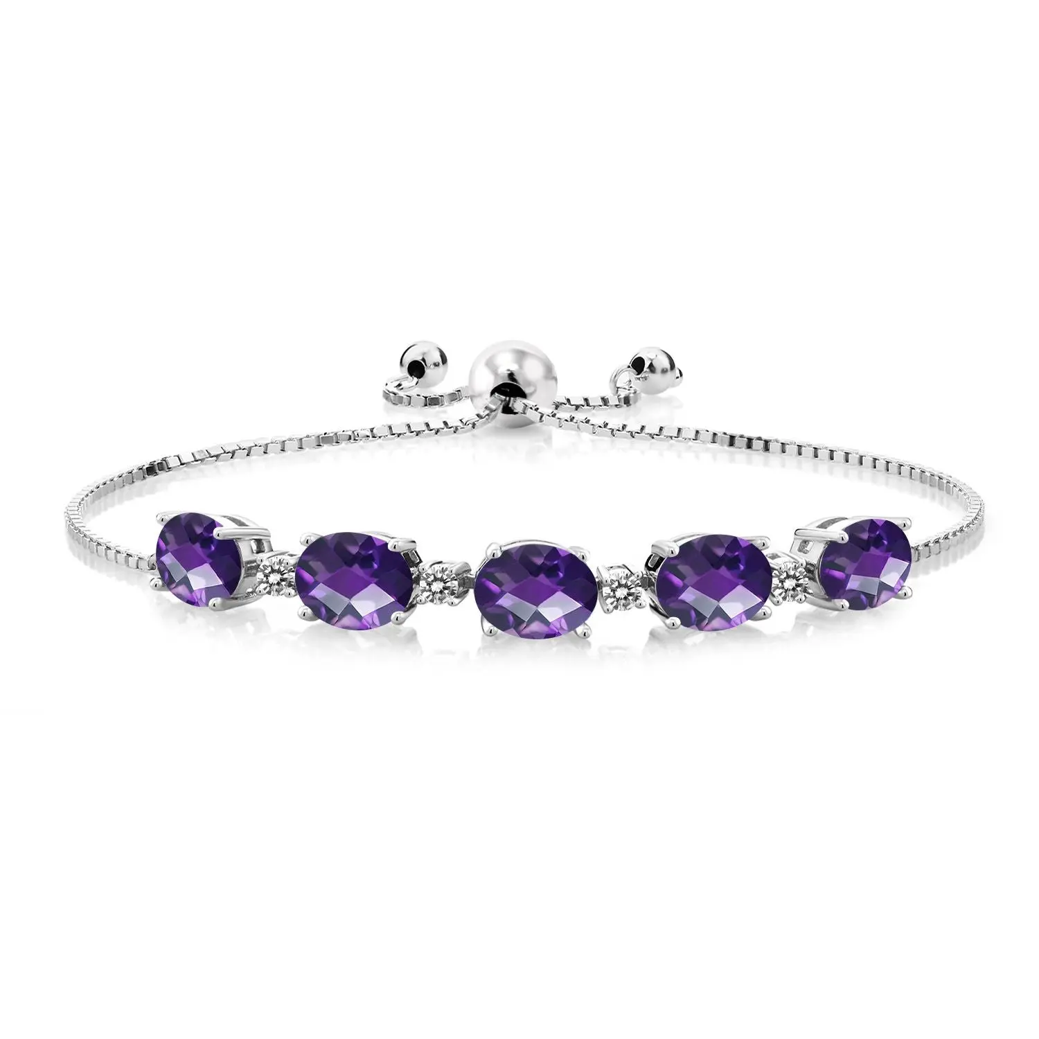 Gem Stone King Women's 6.26 Cttw Oval Checkerboard Purple Amethyst & White Diamond 925 Sterling Silver Tennis Bracelet, Elegant Exquisite Jewelry, Beautiful Bracelets Pick, Adjustable Up to 9 in, Birthstone, Birthday, Anniversary Gift