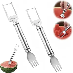 Watermelon Fork Slicer Cutter Slicer Tool, 2-in-1 Stainless Steel Fruit Cutter, Dual Head Fruit Forks Slicer Knife with Round Handle Fruit Cutting Kitchen Utensils