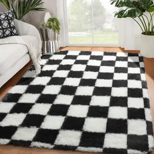 4x6 Black & White Checkered Fluffy Shag Rug - Soft, Plush, Fuzzy Modern Area Rug for Living Room, Bedroom Home Decor, Living Room Rugs