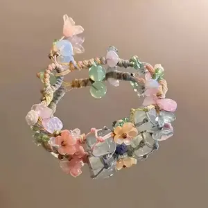 Handmade Bohemian Floral Rope Bracelet With Crystal And Stone Beads - Colorful Pastel Jewelry For Everyday Wear, Parties, Music Festivals - Teachers' Day, New Semester, Graduation Ceremony, All Season Birthday Gifts, Craft Jewelry