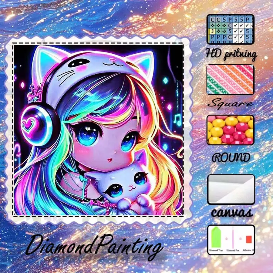 DIY 5D velvet diamond painting kit, AB diamonds, crystal diamonds, cat ears, colorful hair, cute cat diamond embroidery, diamond art kit, Diamond Art Tools, wall decoration, Handmade Gifts, gift for family, lover, and friends, DIY Diamond Arts