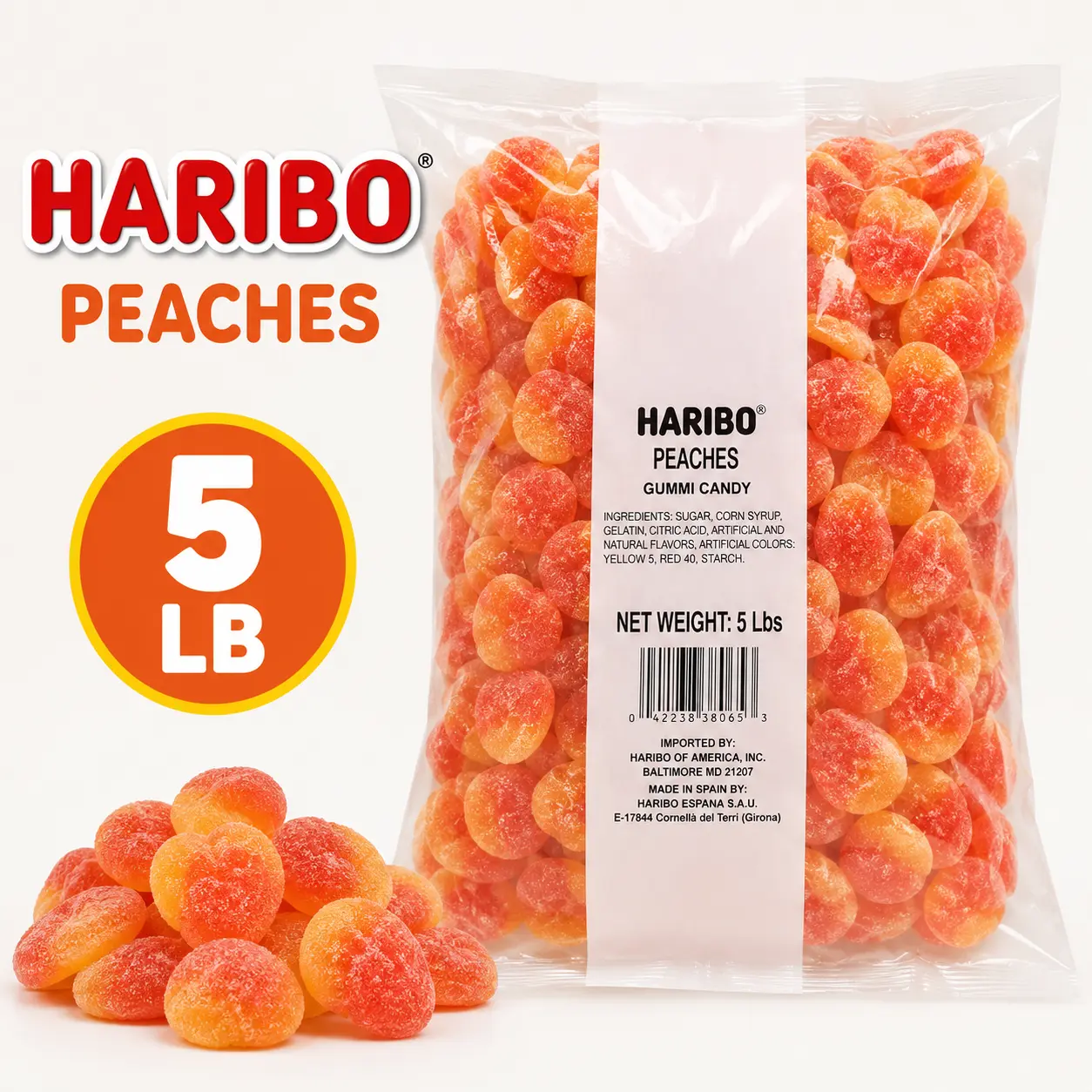 Haribo Peaches Gummy Candy 5 lb Bag  Soft & Chewy Peach Gummies | Bulk Fruity Candy for Parties, Candy Buffets & Snacking