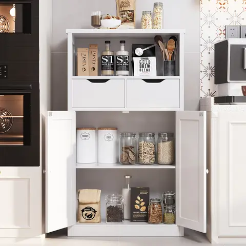 Walsunny Floor Storage Cabinet, Organizer with Doors and Drawers, Freestanding Kitchen Side Cupboard Pantry with Adjustable Shelf Hutch Cupboard for Kitchen/Laundry/Bathroom/Living room