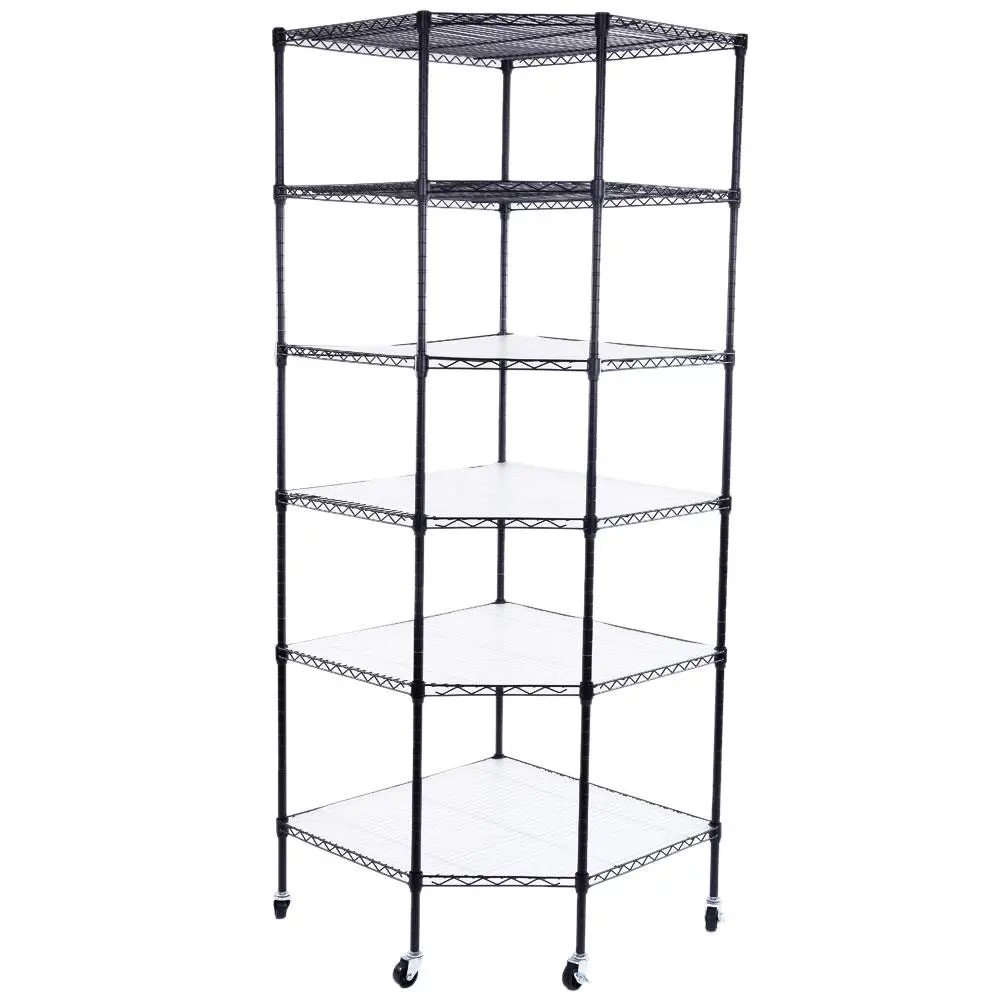 6-Layer Plastic Coated Polygonal Corner Shelf with 2" PP Wheels 680*680*1800 Black Organiser Racks Decor Wall