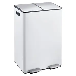 Garvee Dual Compartment Kitchen Garbage Can, 16 Gallon (2 x 30L), Stainless Steel with Lid and Inner Buckets, Double Bin for Waste and Recycling, Step Pedal Operation, White Finish for Home or Office