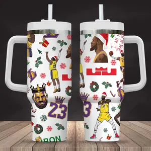 Lebronn Christmas Tumbler 40oz Basketball Fan Bow Cup with Handle Travel Mug Gift For Him or Her