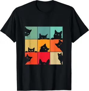 100% CottonFunny Retro Vintage Curious Black Cat for Cats Lover T-Shirt