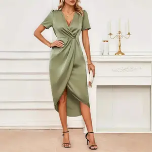 Women's Satin Short Sleeve Cross Collar Wrap V-neck Midi Dress with Irregular Furcal Lower Hem and Pleats for Spring or Summer Formal Evening Party
