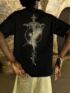Unisex Angel Cross Print Short Sleeve T-Shirt, Gothic Dark Style Loose Fit Drop Shoulder Top, Vintage Thorn Cross Design, Streetwear