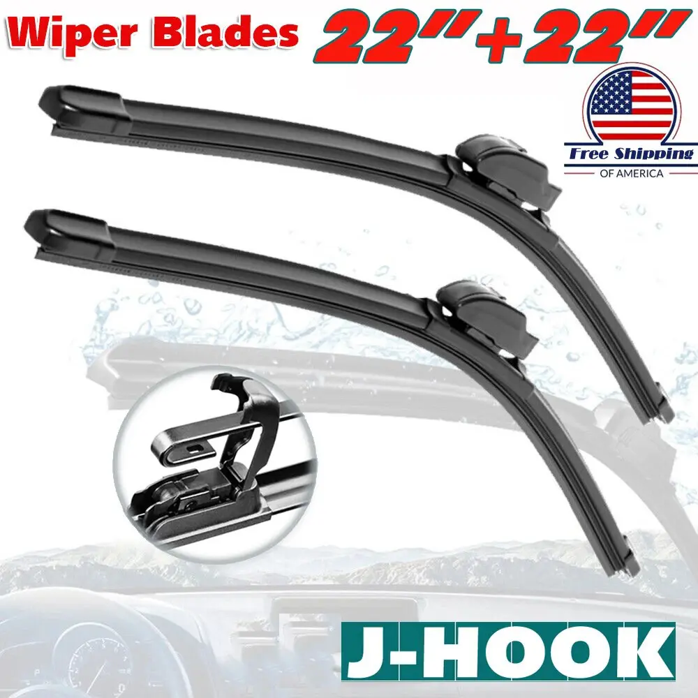 22" Aerodynamic All-Season Windshield Wipers (2 Pieces, 1m Rubber Coated), J-Hook Bracketless Jointless OEM Quality Automotive Replacement Parts