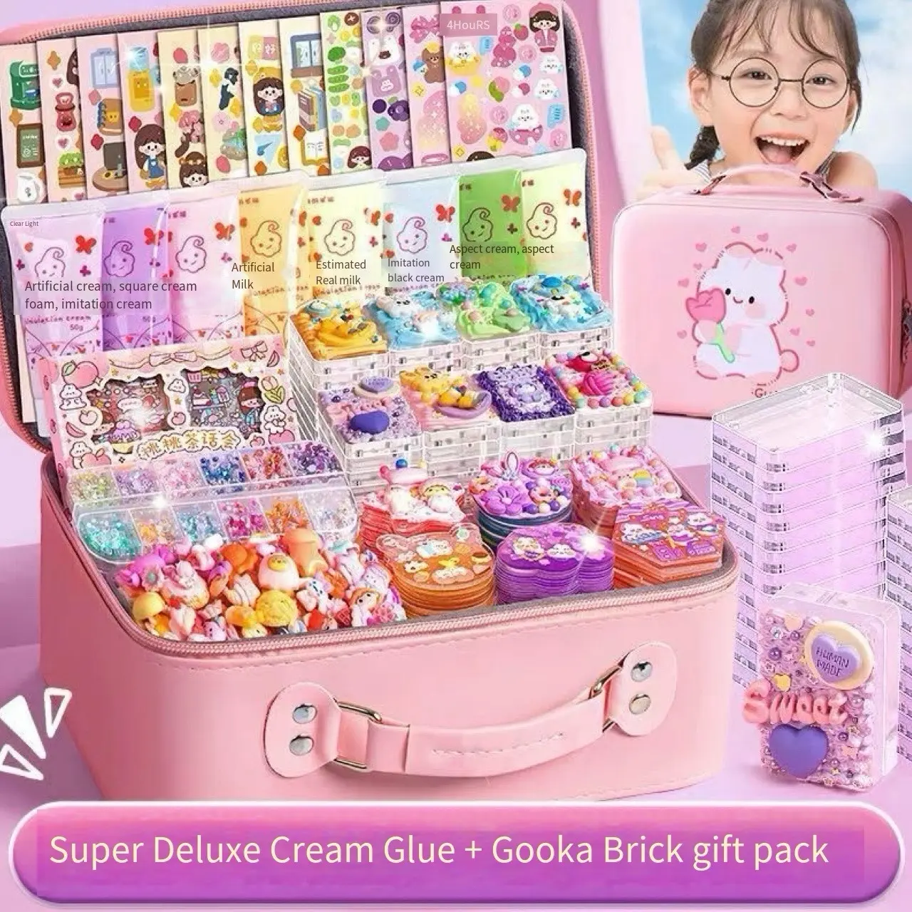 Super Deluxe DIY Cream Glue Craft Kit with Gooka Bricks & Accessories - Cute Decoration Set plus 6 glues without box