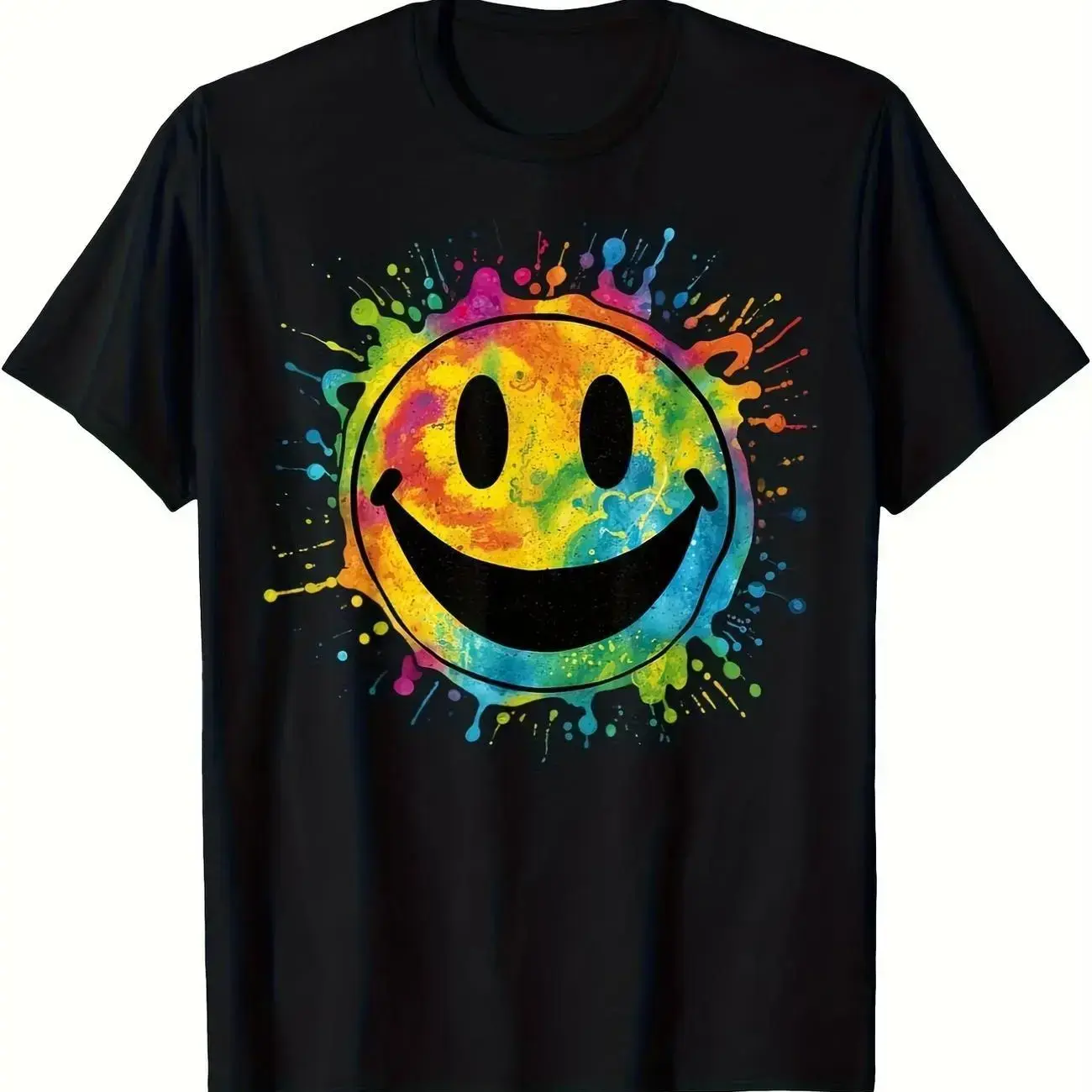 Men's Unisex Tie Dye Rainbow Print Smiley Face Graphic T-Shirt - 70s Vintage Retro Happy Face Crew Neck Short Sleeve, 100% Soft Touch Cotton Fashion Streetwear, Durable Long-Lasting All Seasons Casual Top, Machine Washable Gift, Durable And Long-Lasting