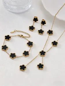Gold Tone Black Clover Jewelry Set for Women, 3Pcs Dainty Quatrefoil Charm Necklace Bracelet Earrings Set, Elegant Everyday Jewelry