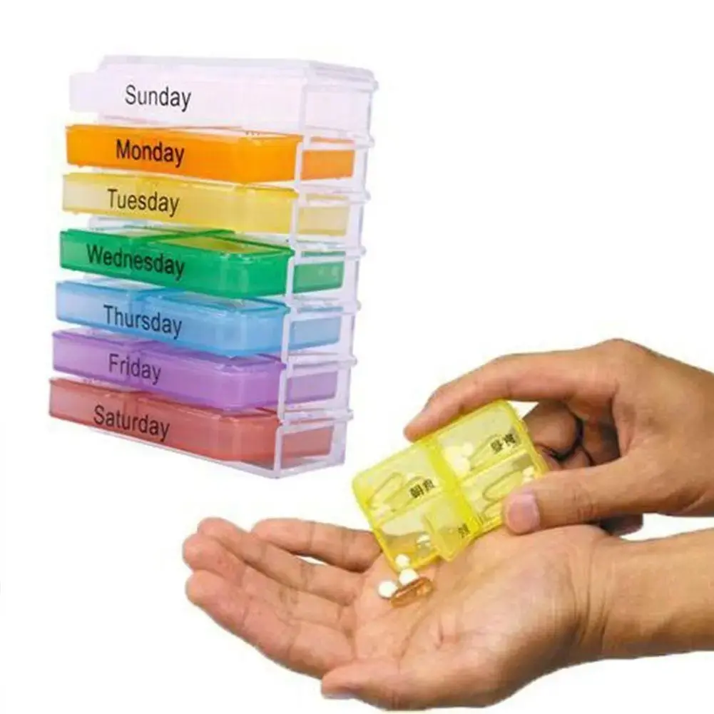 Plastic 7-Day Rectangular Portable Pill Organizer, Travel Size Household Medication Storage Case with 28 Detachable Pods