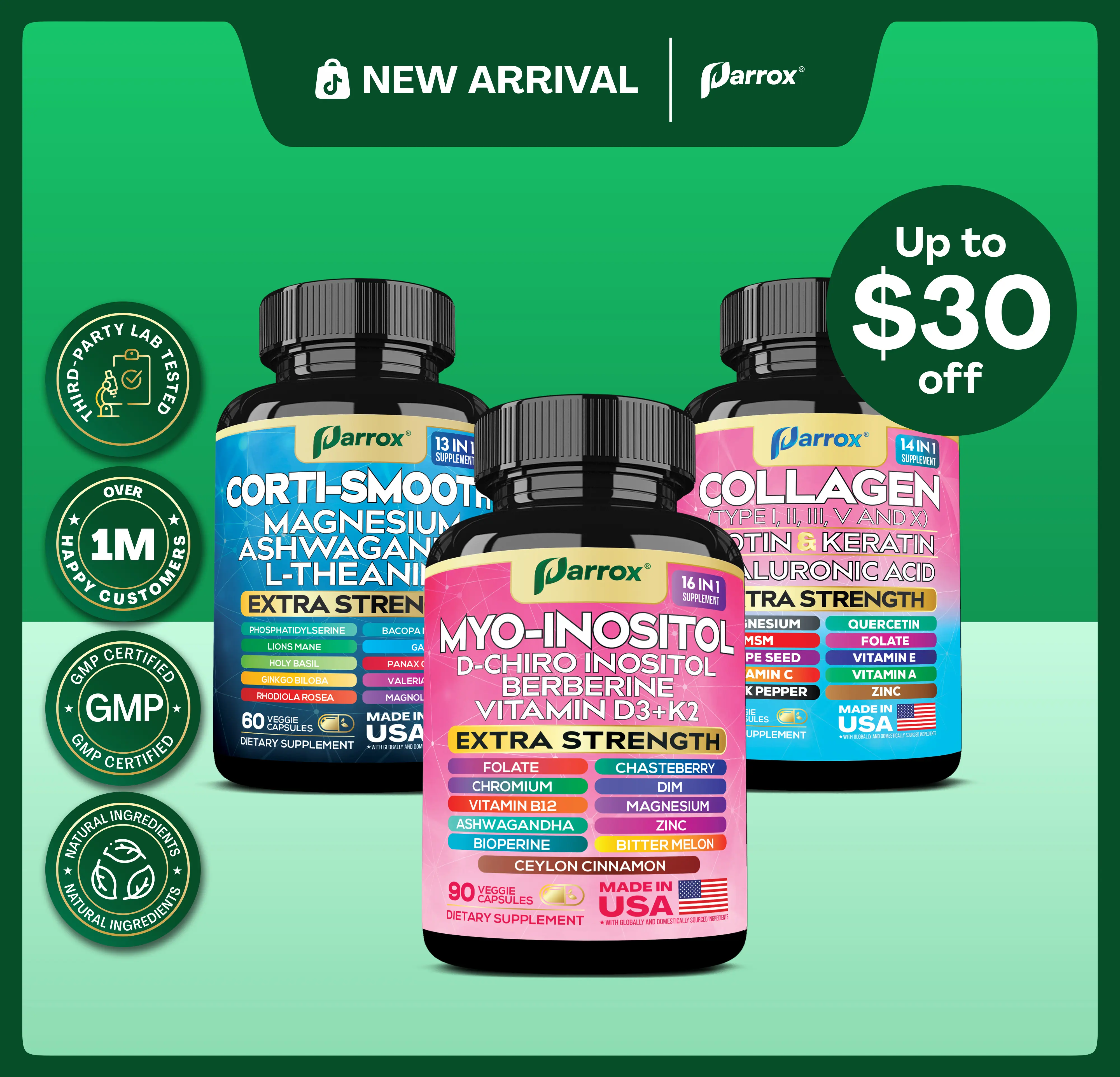 PARROX She Shines Set - Ultimate Women's All-in-One Supplement with Corti-Soothe, Myo-Inositol, Collagen & Extra Strength Ingredients for Beauty, Fitness, & Healthcare - Made in USA