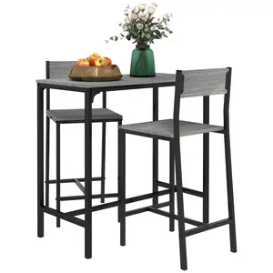 3 Piece Bar Table and Chairs, Industrial Dining Table Set for 2, Counter Height Kitchen Table with Bar stools, Breakfast Table Set for 2 for Small Space, Gray
