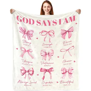 Christian Gifts for Women, God Says I Am Throw Blanket, Inspirational Religious Birthday Gifts for Coquette Pink Bow Bible Verse Blanket, Christian Faith Jesus God Prayer Gift for Christmas